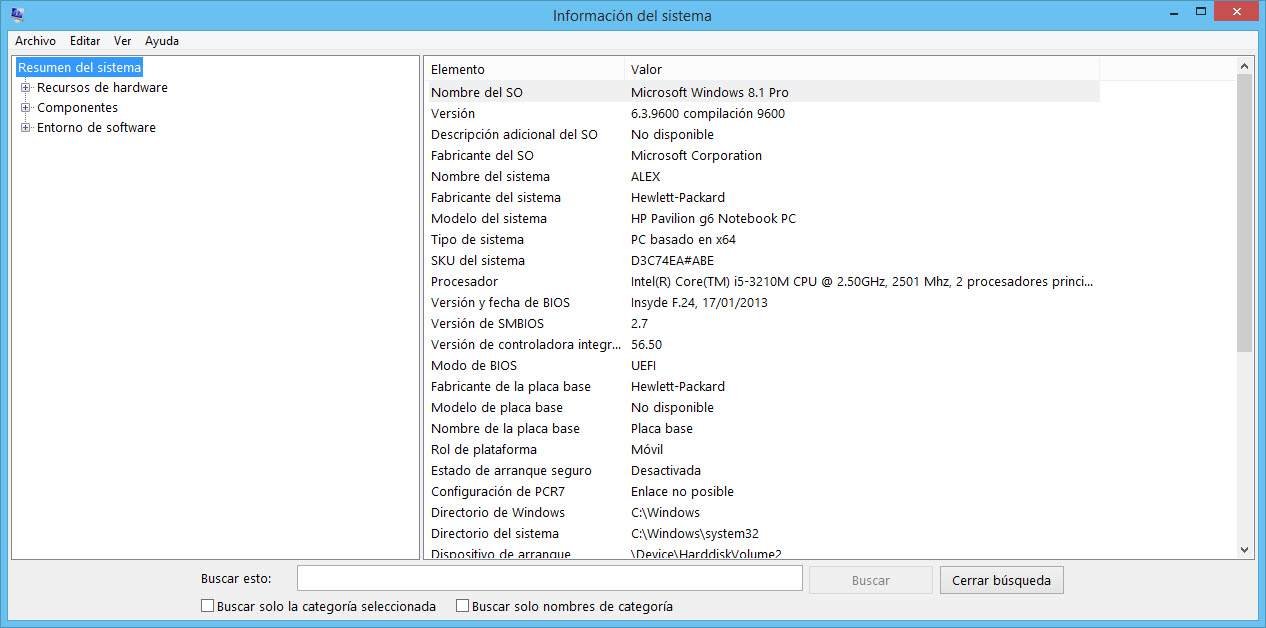 Información del sistema proporcionada por Windows