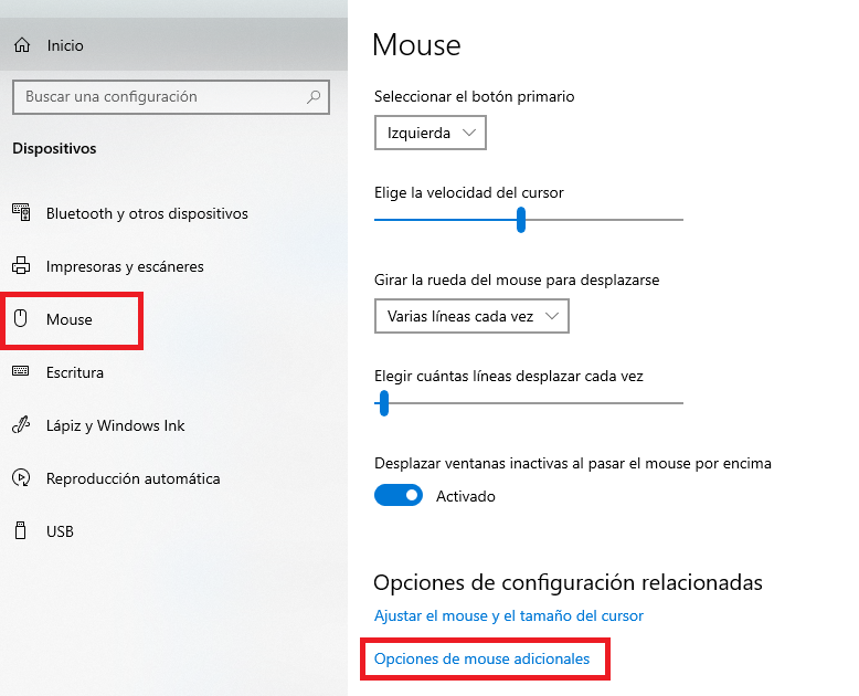 opciones adicionales del raton